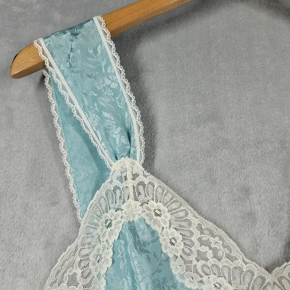 Vintage Lucie Ann II Nightgown Womens M‎ Blue Floral Satin Lace Bridal Lingerie